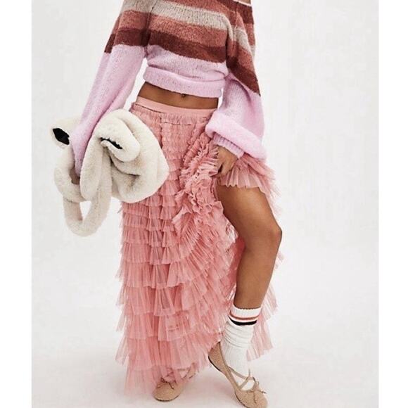 Free People Intimately Return Of The Ruffle Maxi Sheer Skirt Size M Rose Tiered - Picture 14 of 14